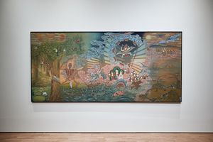 Beob In, _Journey to Paradise, Rusty Future-1_ (2022). Cotton fabric, paper mulberry, Seokchae, gold. 240 x 180 cm. Exhibition view: Busan Biennale, _We, on the Rising Wave_ (3 September–6 November 2022). Courtesy Busan Biennale Organizing Committee.